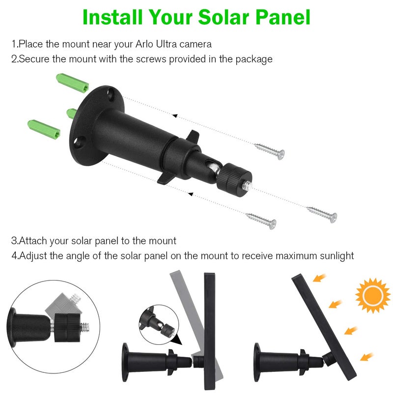 Uogw 3 Pack Solar Panel Charger for Arlo Ultra/Pro 4/5S 2K/Go 2, with 11.5ft Waterproof Magnetic Charging Cable, Adjustable Mount - Black - Image 3